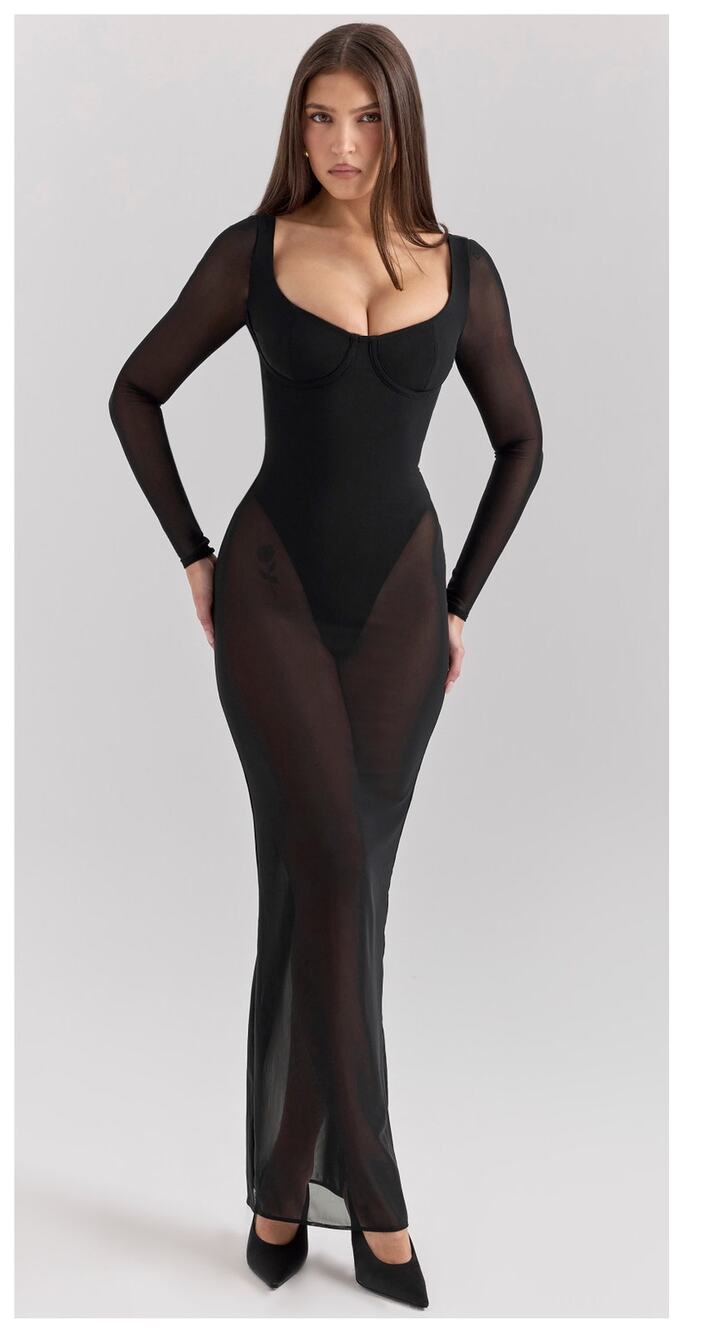 NEW HOUSE OF CB Everly Long Sleeve Sheer Mesh Cocktail Maxi Dress Size XS